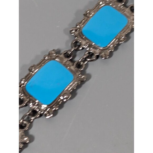 Retro Blue Enamel Gray Metallic Book Link Chain Bracelet 7.5" - Picture 5 of 10
